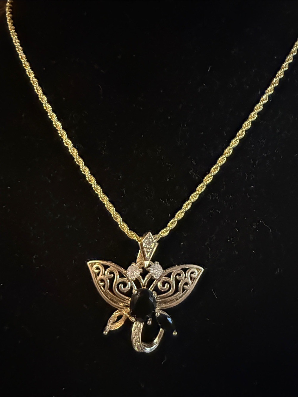 Elegant Gold Butterfly Pendant Necklace with Black Gemstones stainless steel